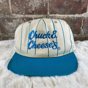 Vintage 90s Chuck E Cheese White & Blue Pinstripe Adjustable Snapback Hat Adult